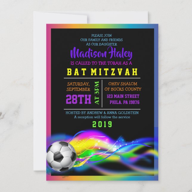 Invitación de Bat Mitzvah, CHICAS de NEON SOCCER (Anverso)