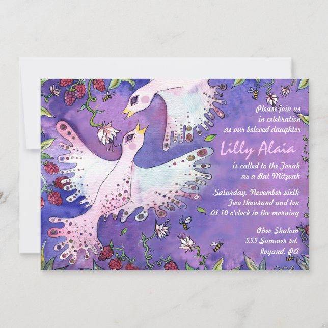 Invitación de Bat Mitzvah con acuarela de pájaros  (Anverso)
