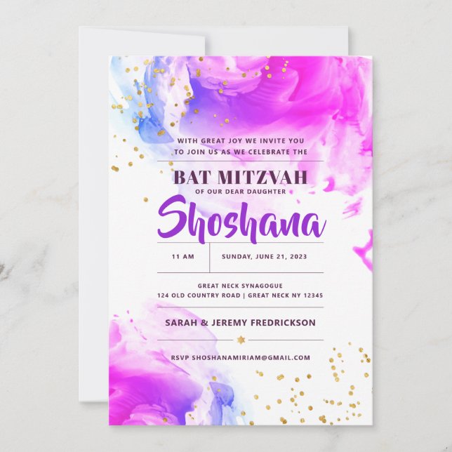 Invitación de Bat Mitzvah con acuarela y brillo (Anverso)