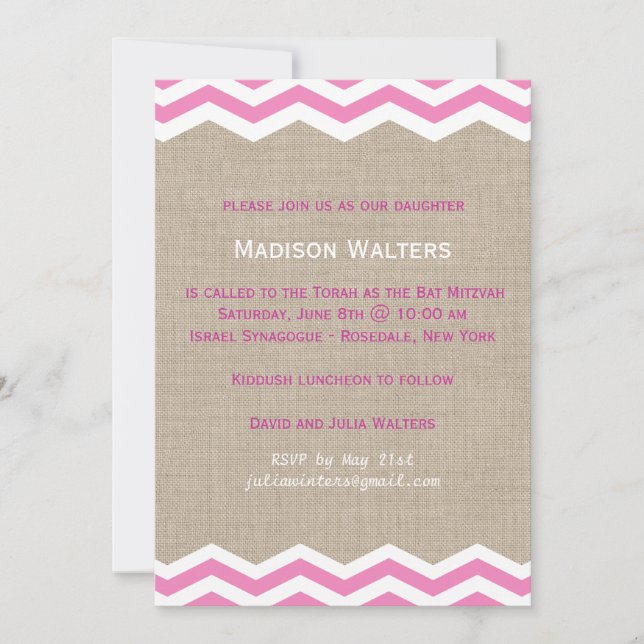 Invitación de Bat Mitzvah con Chevrones Rosados so (Anverso)