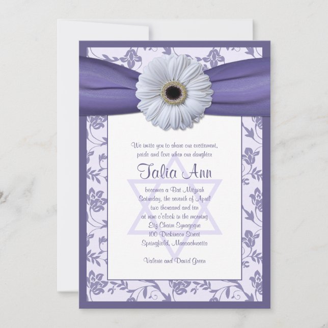 Invitación de Bat Mitzvah con Damasco con Floral B (Anverso)
