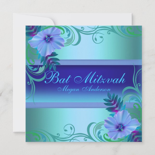 Invitación de Bat Mitzvah con flores azules vibran (Anverso)