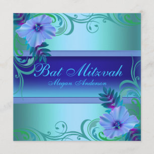 Invitación de Bat Mitzvah con flores azules vibran