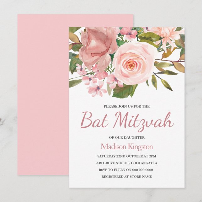 Invitación de Bat Mitzvah con flores rosadas de or (Anverso / Reverso)