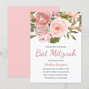 Invitación de Bat Mitzvah con flores rosadas de or