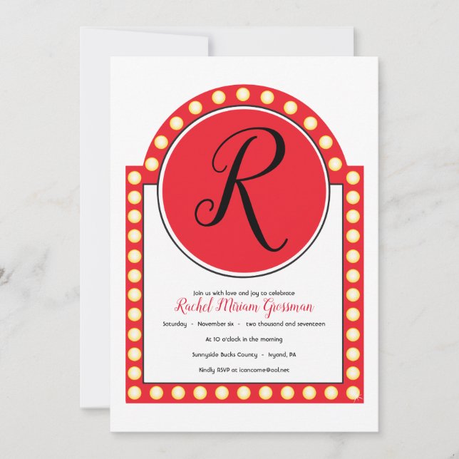 Invitación de Bat Mitzvah con letrero de neón de B (Anverso)
