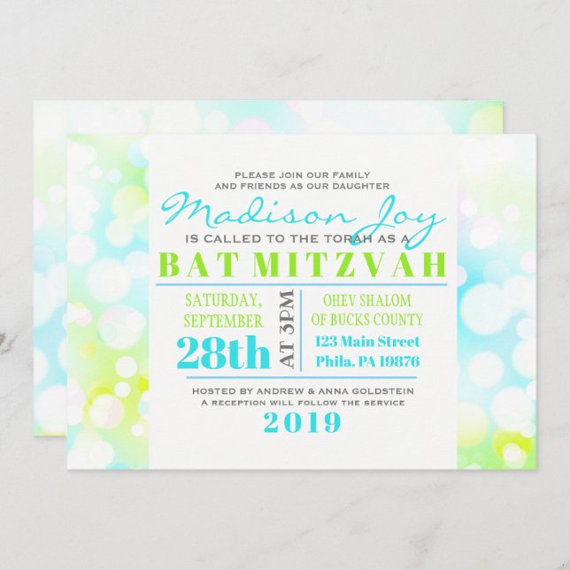 Invitación de Bat Mitzvah de BURBUJAS DE LUZ (Anverso / Reverso)