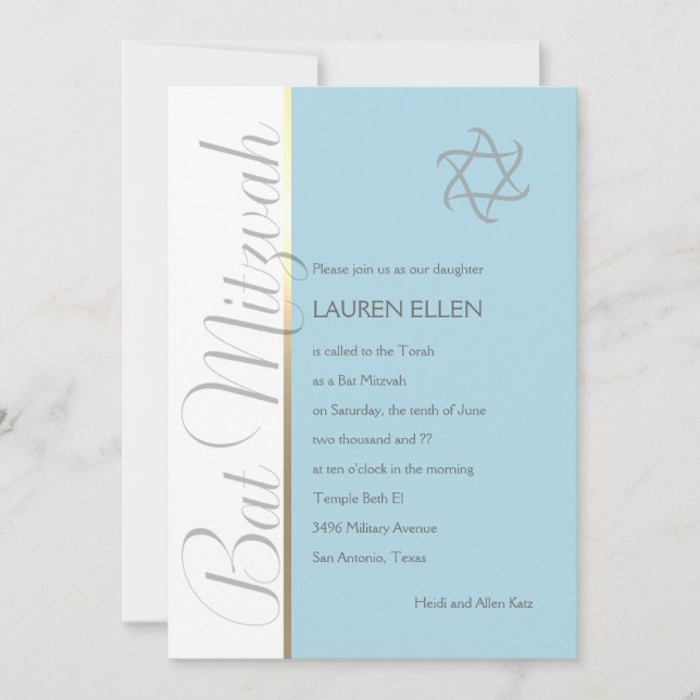 Invitación de Bat Mitzvah de cualquier color (Anverso)
