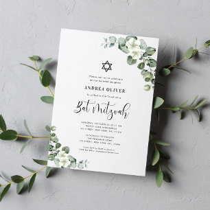 Invitación de Bat Mitzvah de Eucalipto Floral Blan