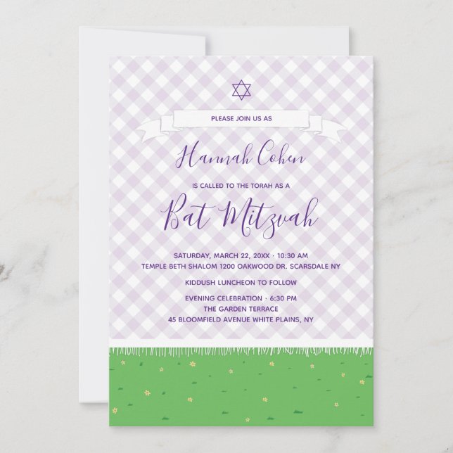 Invitación de Bat Mitzvah de jardín a cuadros (Anverso)