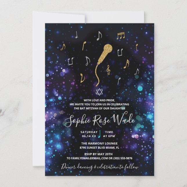 Invitación de Bat Mitzvah de música con micrófono (Anverso)