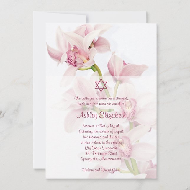 Invitación de Bat Mitzvah de Orquídea Rosa (Anverso)