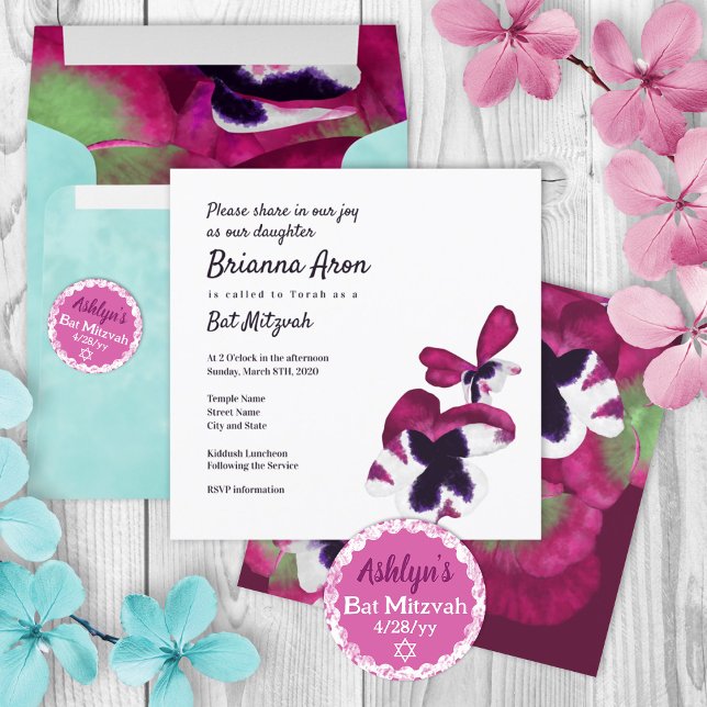 Invitación de Bat Mitzvah de Violet, Plum Purple P (pink purple turquoise floral bat mitzvah invitation, berry violet summer colors, 12 12th twelve)