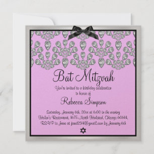Invitación de Bat Mitzvah Diamantes Plata y Rosa p