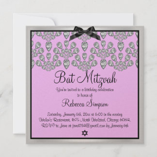 Invitación de Bat Mitzvah Diamantes Plata y Rosa p