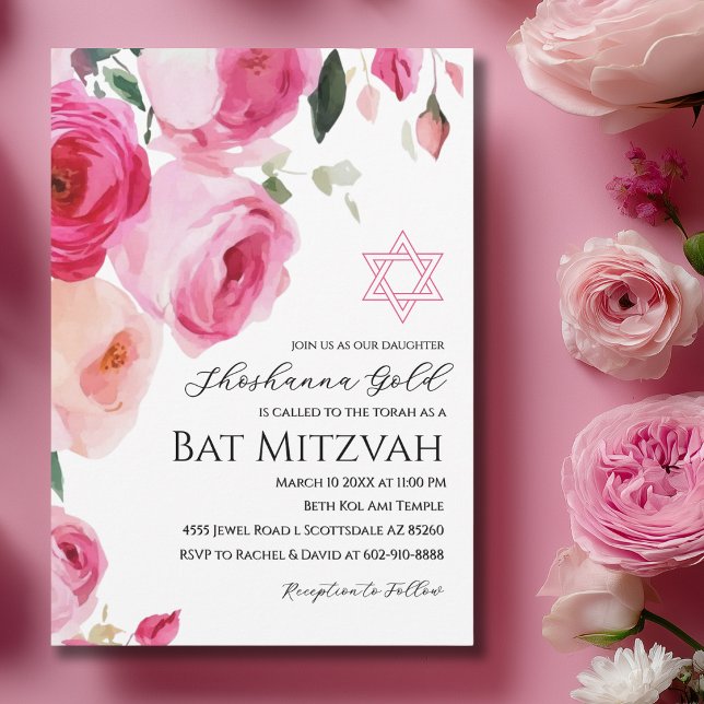 Invitación de Bat Mitzvah floral moderna rosa (Subido por el creador)