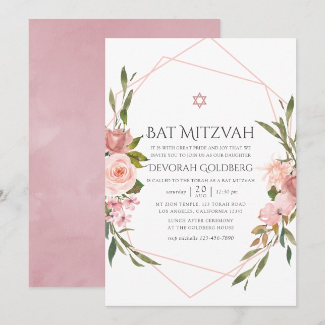 Invitación de Bat Mitzvah floral rosa rubor (Anverso / Reverso)