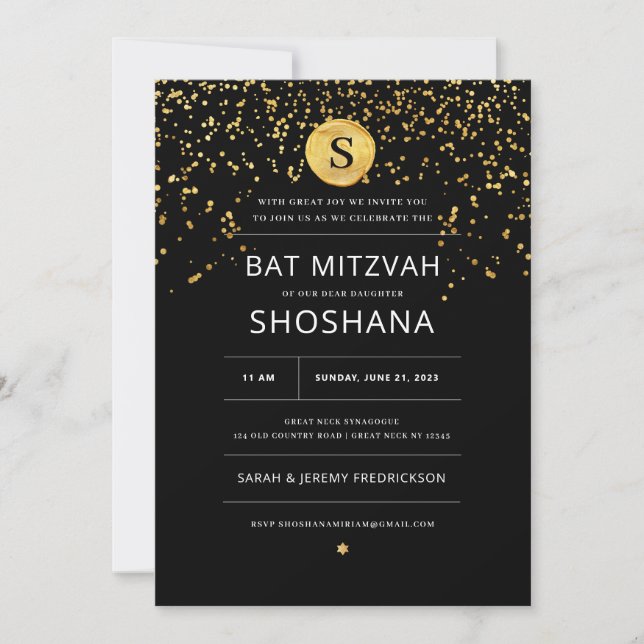 Invitación de Bat Mitzvah Gold Purpurina (Anverso)