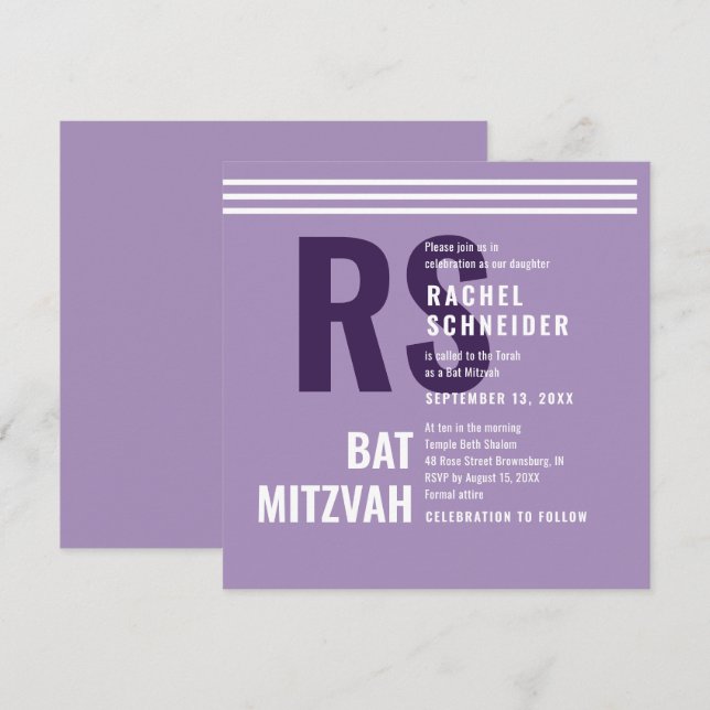 Invitación de Bat Mitzvah Monograma Moderno (Anverso / Reverso)