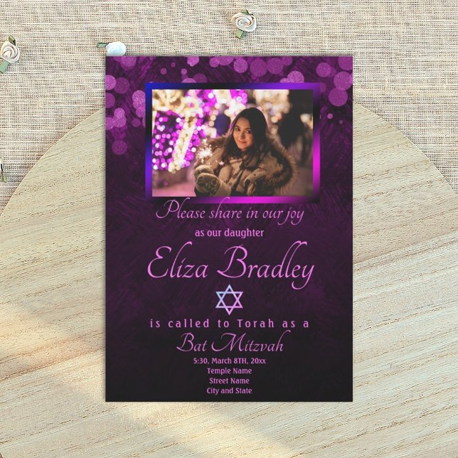 Invitación de Bat Mitzvah Morado Real con Brillo (royal purple bat mitzvah or quinceanera invitation)