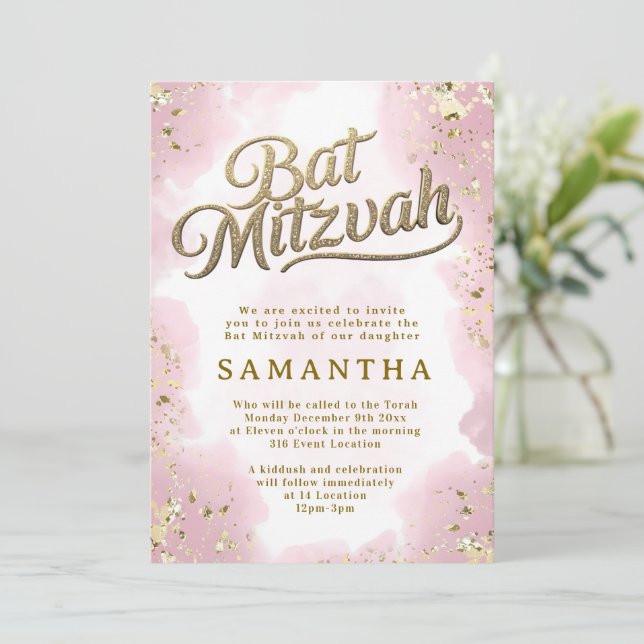 Invitación de Bat Mitzvah Rosa y Dorada (Anverso de pie)