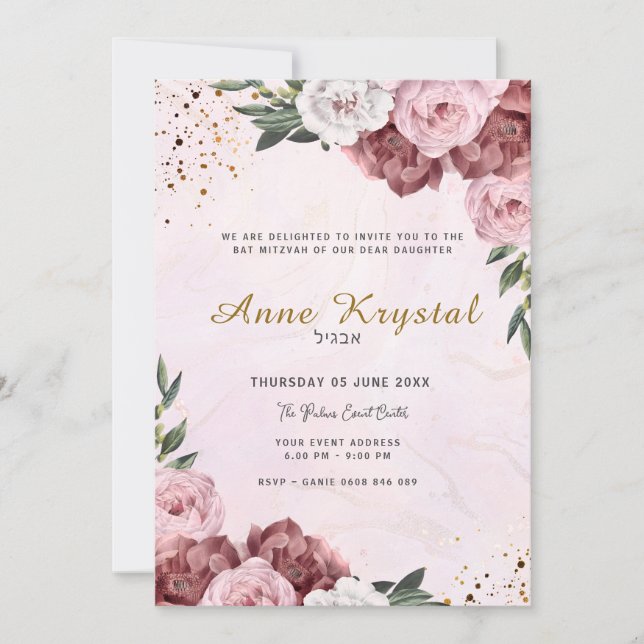 Invitación de Bat Mitzvah rosa y dorada (Anverso)