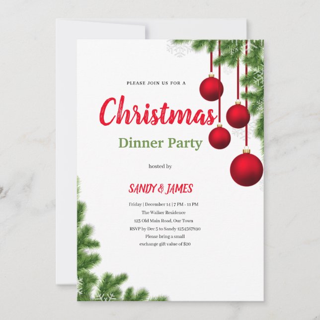 invitación de baubles rojos y verdes para cena de  (Anverso)