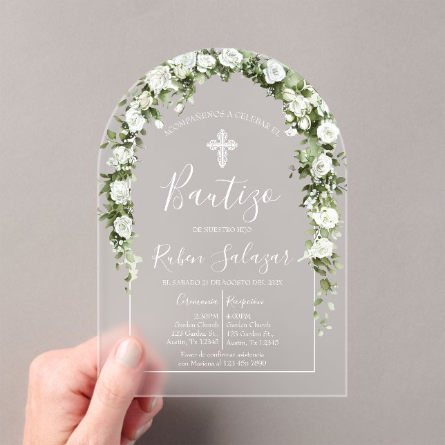 Invitación de bautismo acrílica con flores blancas (Insitu (portátil))
