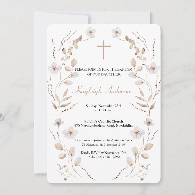 Invitación de Bautismo Católico de Flor Silvestre  (Anverso)