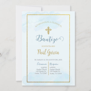 Invitación de bautismo color azul en español
