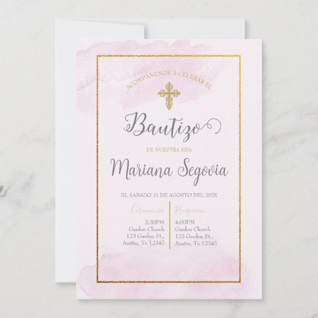 Invitación de bautismo color rosa en español (Anverso)