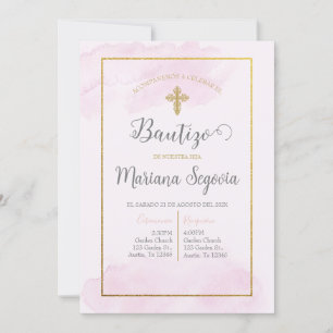 Invitación de bautismo color rosa en español