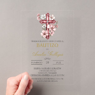 Invitación de bautismo con crucifijo de acrílico e
