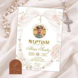 Invitación de Bautismo con Foto de Encaje Marfil y