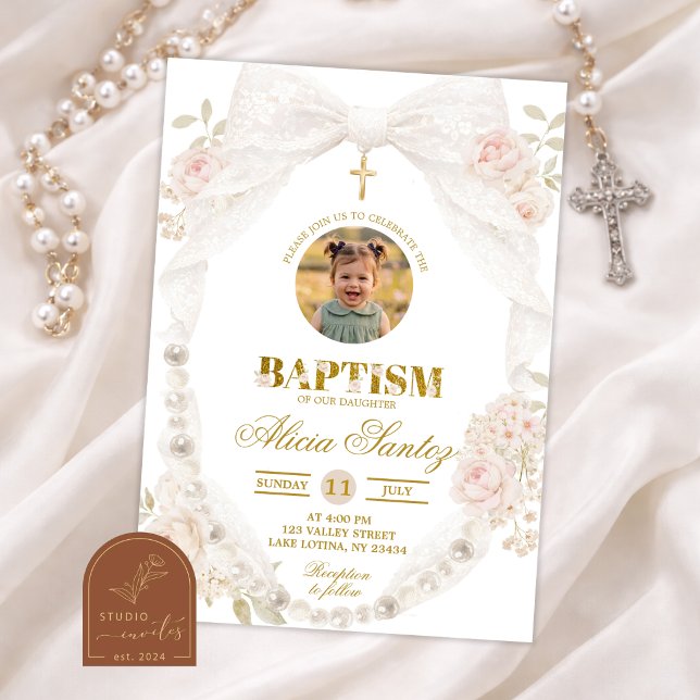 Invitación de Bautismo con Foto de Encaje Marfil y (Subido por el creador)