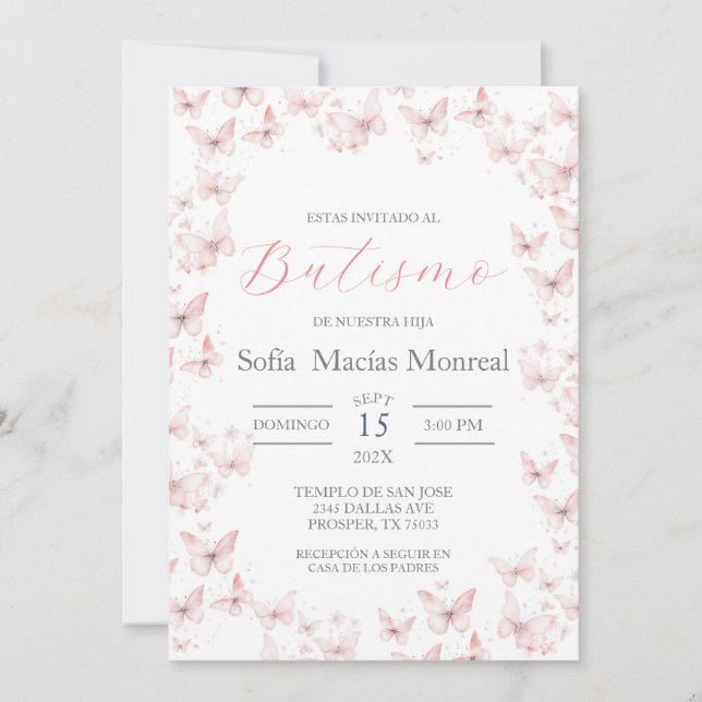 Invitación de bautismo con mariposas para niña (Anverso)