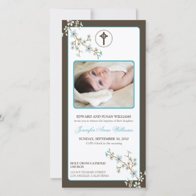 Invitación de bautismo de cerezos (aqua) (Anverso)