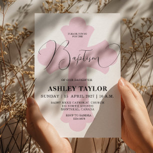 Invitación de bautismo de cruz rosa claro