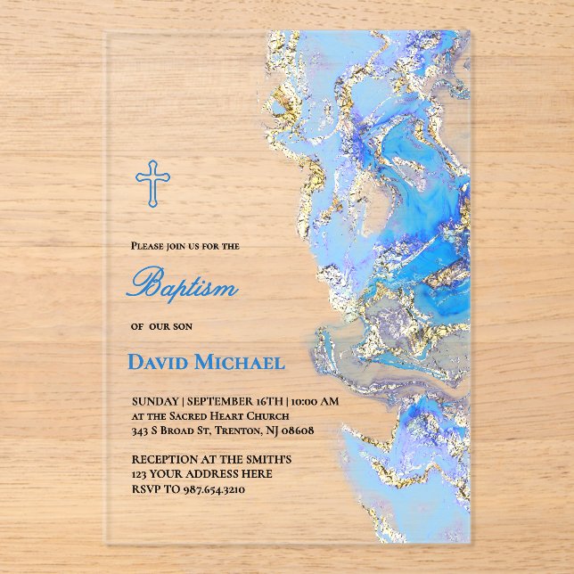 invitación de bautismo de mármol de fluido azul ac (Anverso)