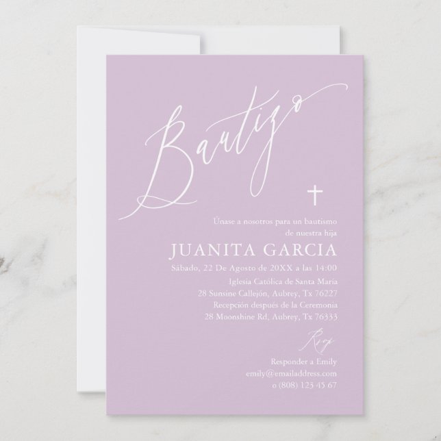 Invitación de bautismo de niña púrpura (Anverso)