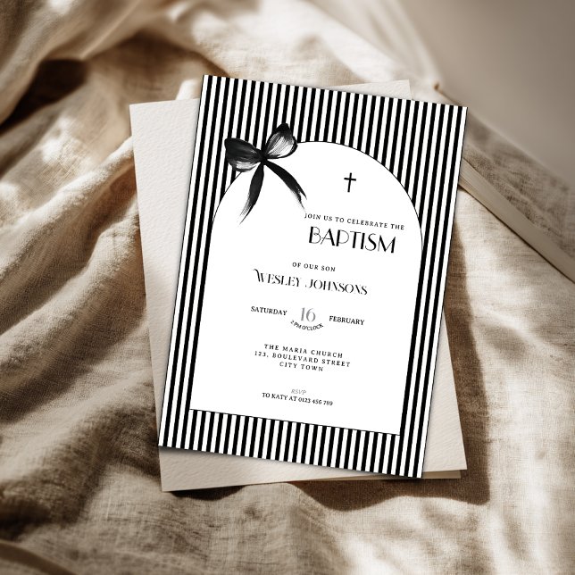 Invitación de Bautismo de Niños y Niñas con Lazo N (Black bow baptism invitation for gender neutral, boys and girls.)