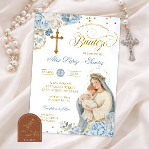Invitación de Bautismo de Rosario Floral Azul y Do