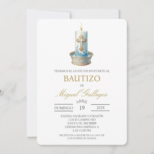 Invitación de bautismo español vela cristiana (Anverso)