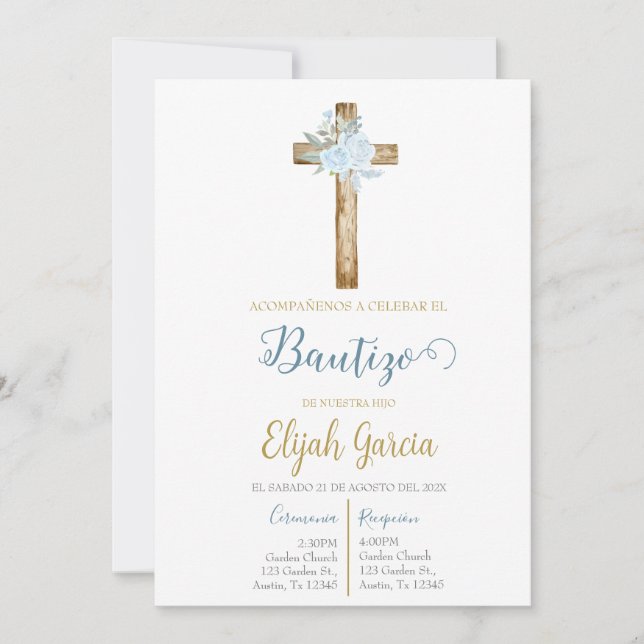 Invitación de bautismo floral azul en español (Anverso)