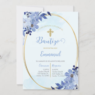Invitación de bautismo floral azul en español