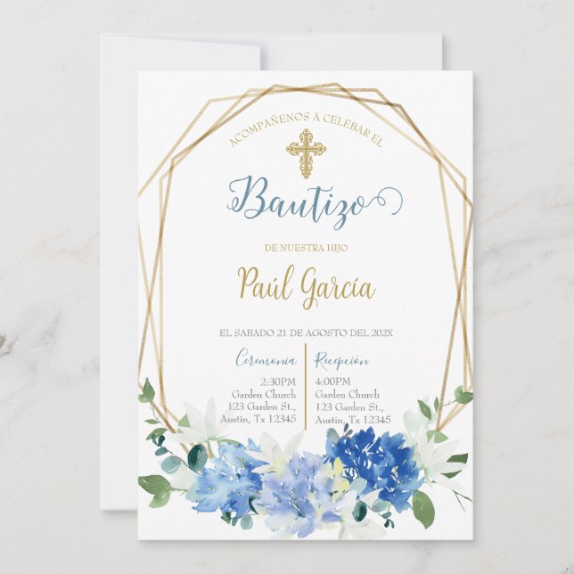 Invitación de bautismo floral azul en español (Anverso)