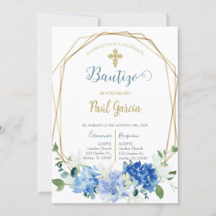 Invitación de bautismo floral azul en español
