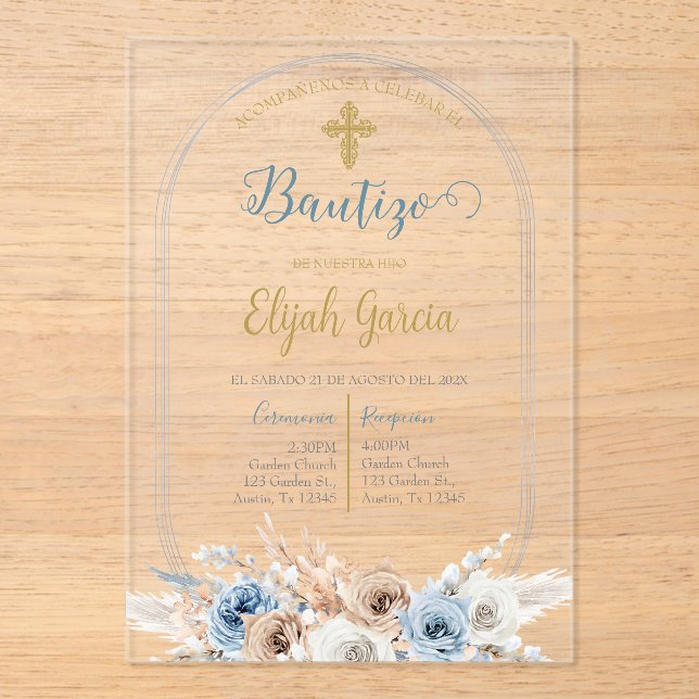 Invitación de bautismo floral azul en español (Anverso)