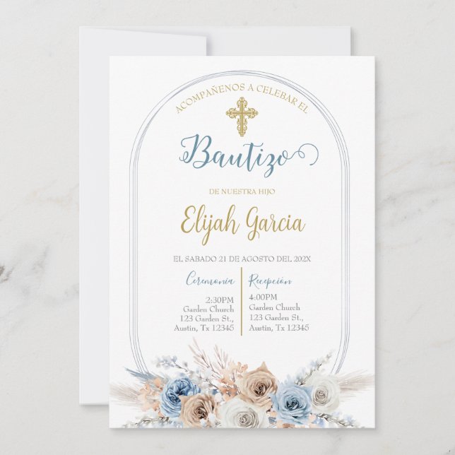 Invitación de bautismo floral azul en español (Anverso)