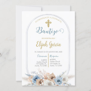 Invitación de bautismo floral azul en español